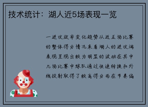 技术统计：湖人近5场表现一览