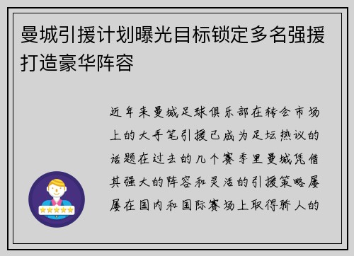 曼城引援计划曝光目标锁定多名强援打造豪华阵容
